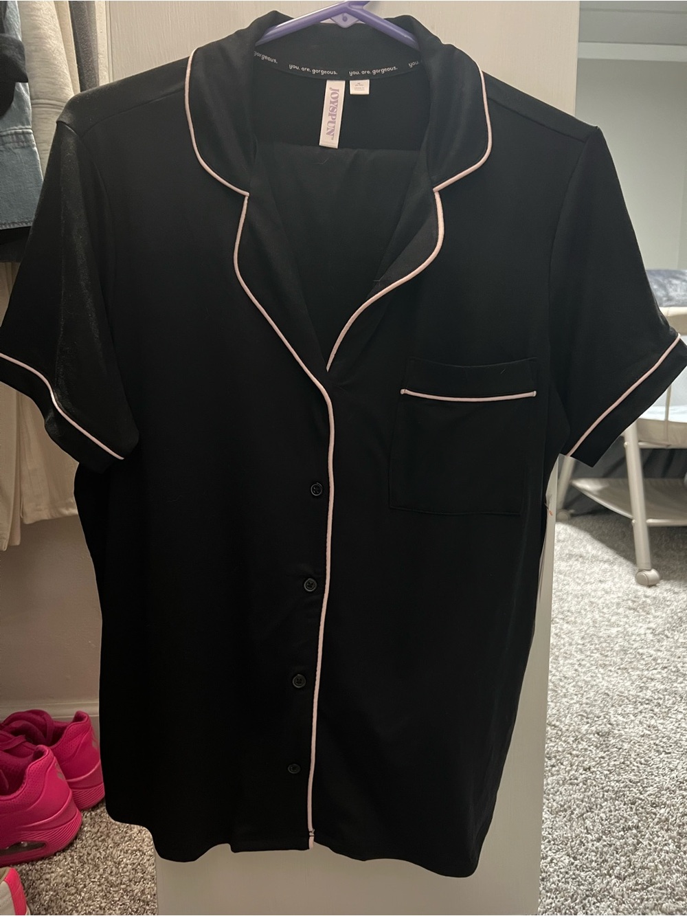 Black Short Sleeve Pajama Top and Pants with Pink Piping